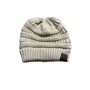 CC Exclusives Womens Beige Cable Knit Criss Cross Ponytail Messy Bun Beanie Hat